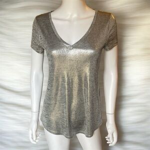 White House Black Market Metallic Short Sleeve V-Neck Tee